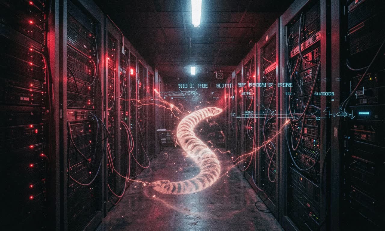 Dark server rack with red warning indicators and digital security breach overlay, cinematic lighting