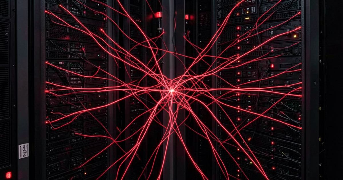 Dark server racks with red warning indicators and a network of spreading digital connections representing a supply chain worm attack