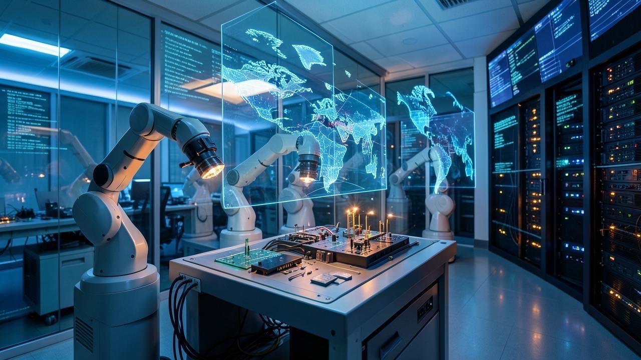 A Beijing laboratory with robotic arms and holographic world model visualisation, cold blue lighting, cinematic