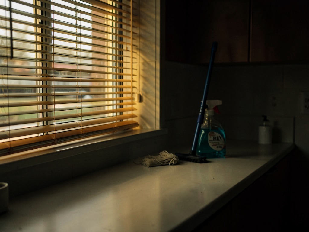 Abstract composition of a dimly lit apartment interior with soft light through blinds, cleaning implements arranged on a counter, no people no text no logos