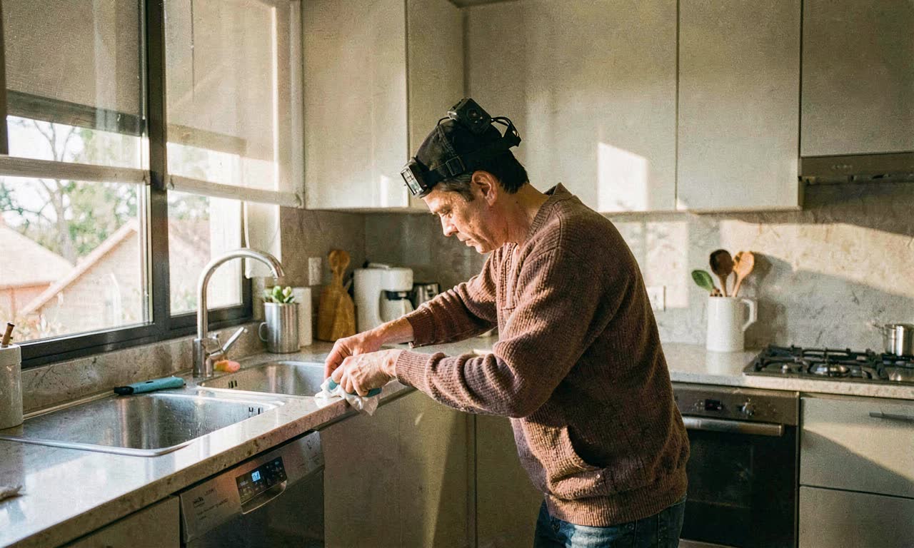 A cleaner wearing a camera hat in a modern apartment, warm afternoon light through windows, documentary style