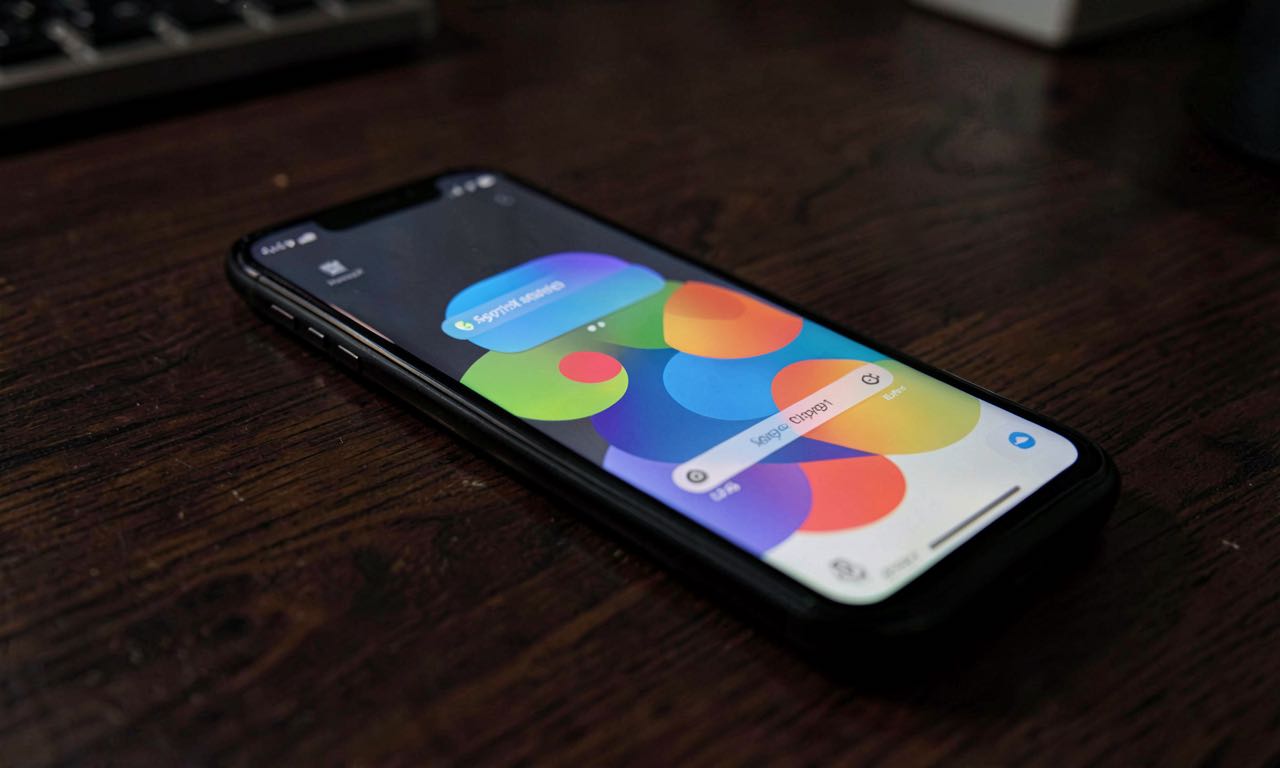 A smartphone screen showing an encrypted messaging app interface in dark mode, resting on a wooden desk surface.