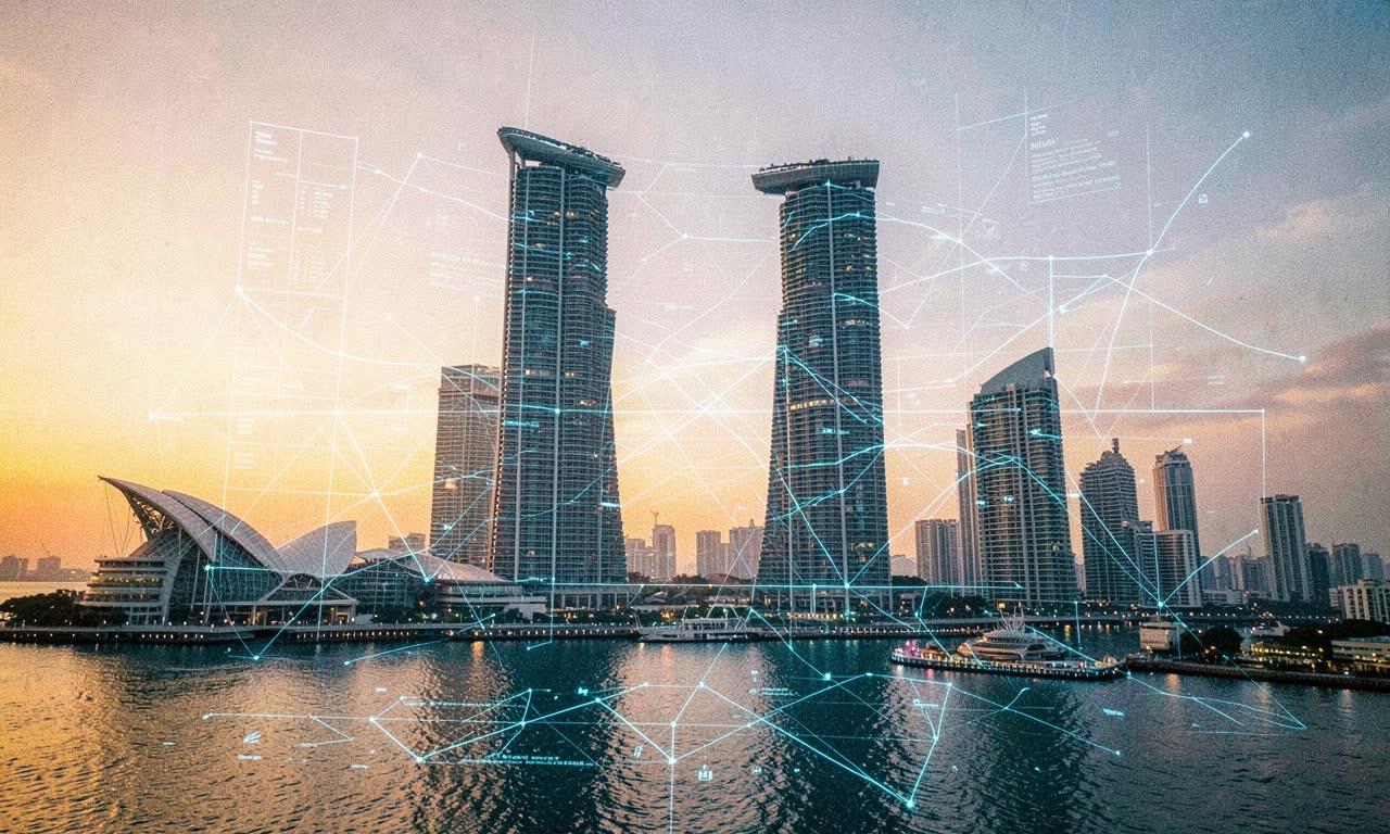 Singapore cityscape at dusk with digital network overlay, futuristic governance themes, cinematic lighting