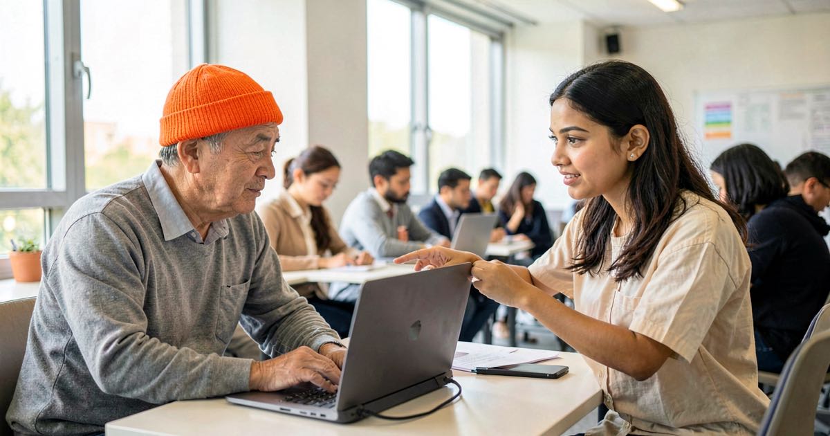A middle-aged man in a bright orange beanie learning on a laptop beside a young woman instructor in a bright modern training classroom, other adult learners behind them, warm daylight, documentary style