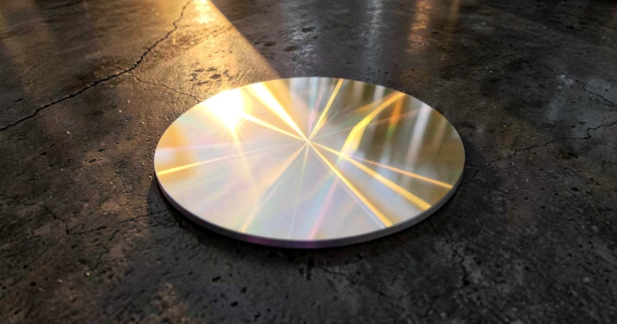 Abstract composition of a gleaming semiconductor wafer reflecting golden sunrise light on a dark polished concrete surface with refracted prism patterns