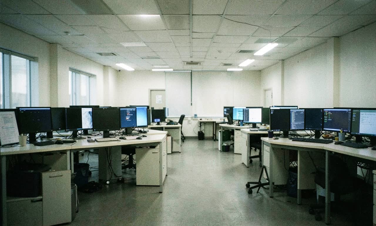 Empty office desks with monitors still glowing, overhead fluorescent lighting, photojournalistic style