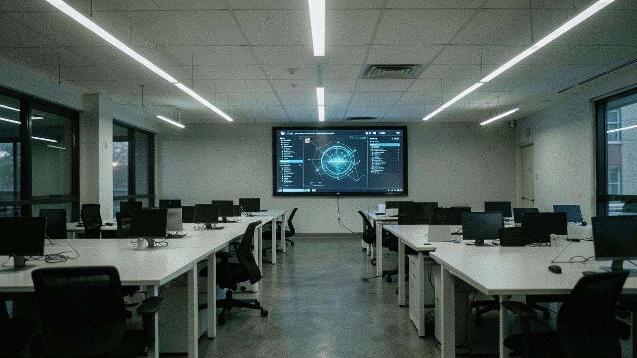 Social media office with empty desks and AI interface on screen