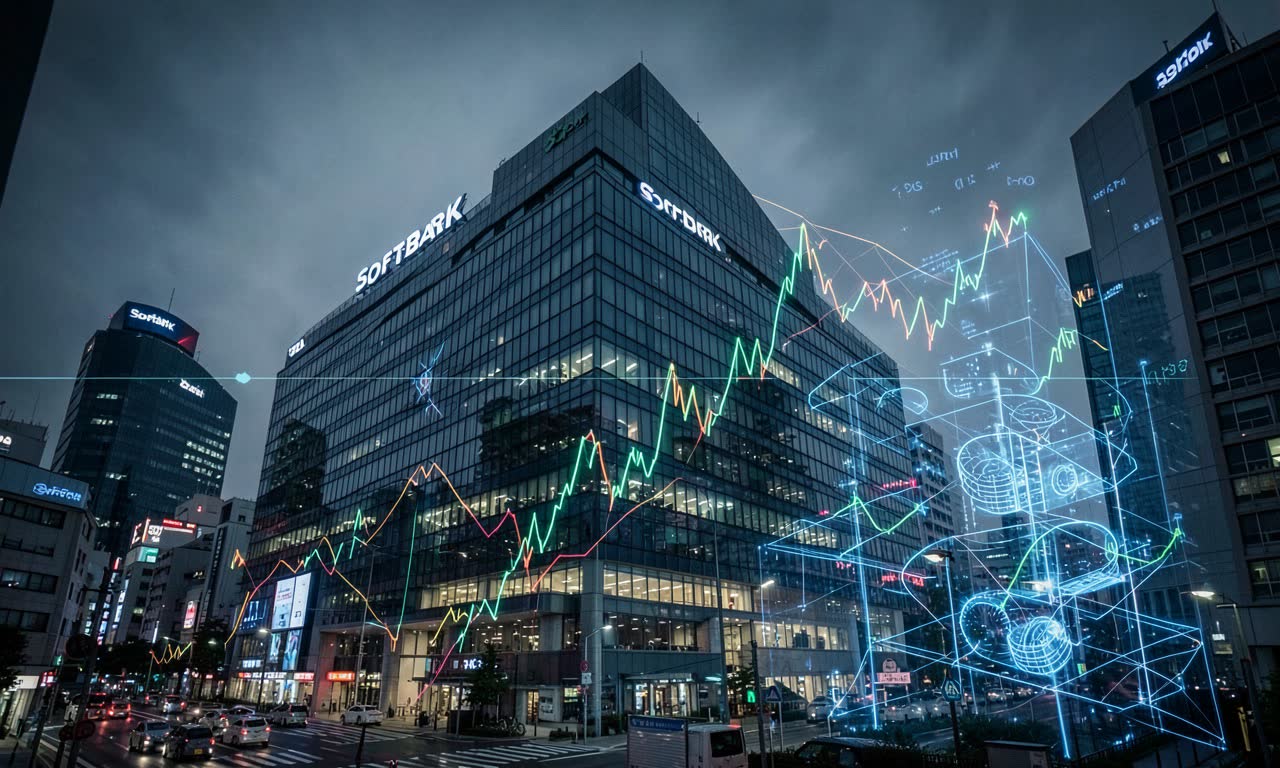 SoftBank logo with declining stock chart and OpenAI branding