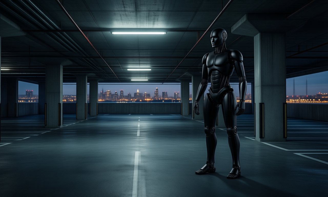 A vast dim parking structure at dusk with a single sleek humanoid robot silhouette standing where a security guard would, city skyline lights behind.