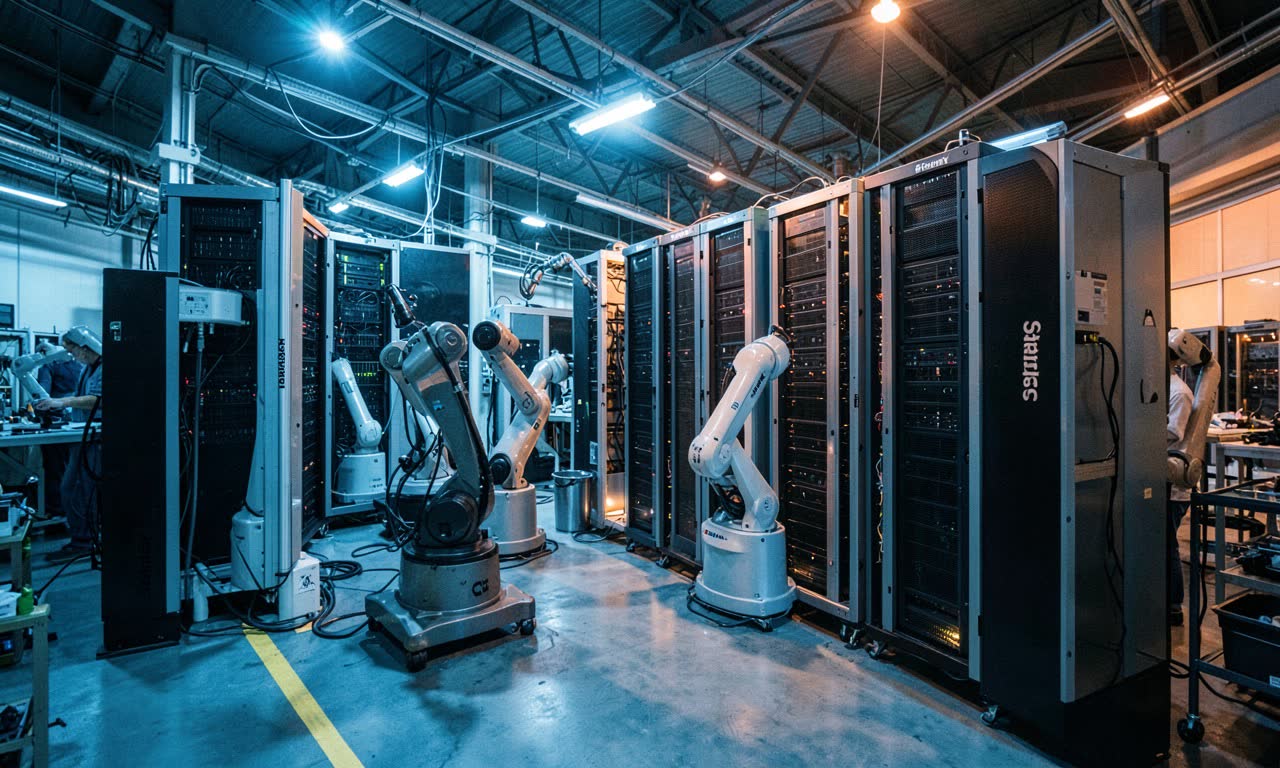 Japanese factory floor with robotic arms assembling server racks, SoftBank and Nvidia logos on equipment, overhead industrial lighting, documentary photography style