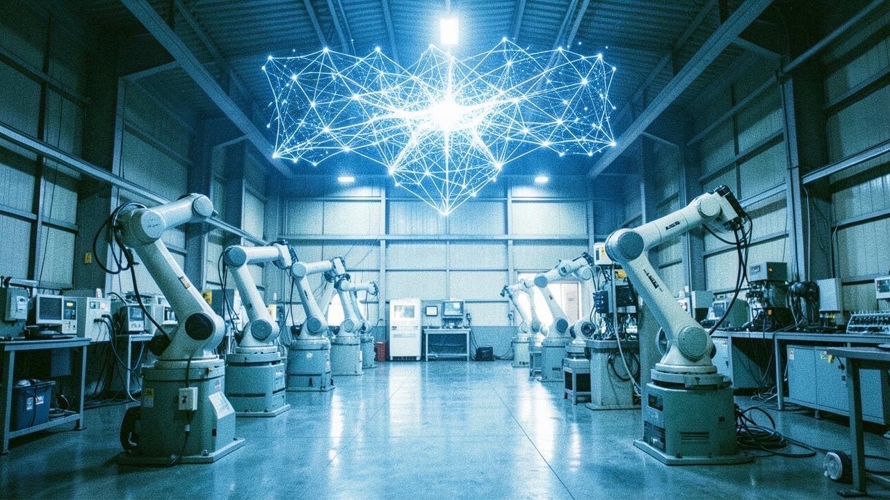 Japanese industrial robots on a factory floor with AI neural network overlay, blue and white lighting