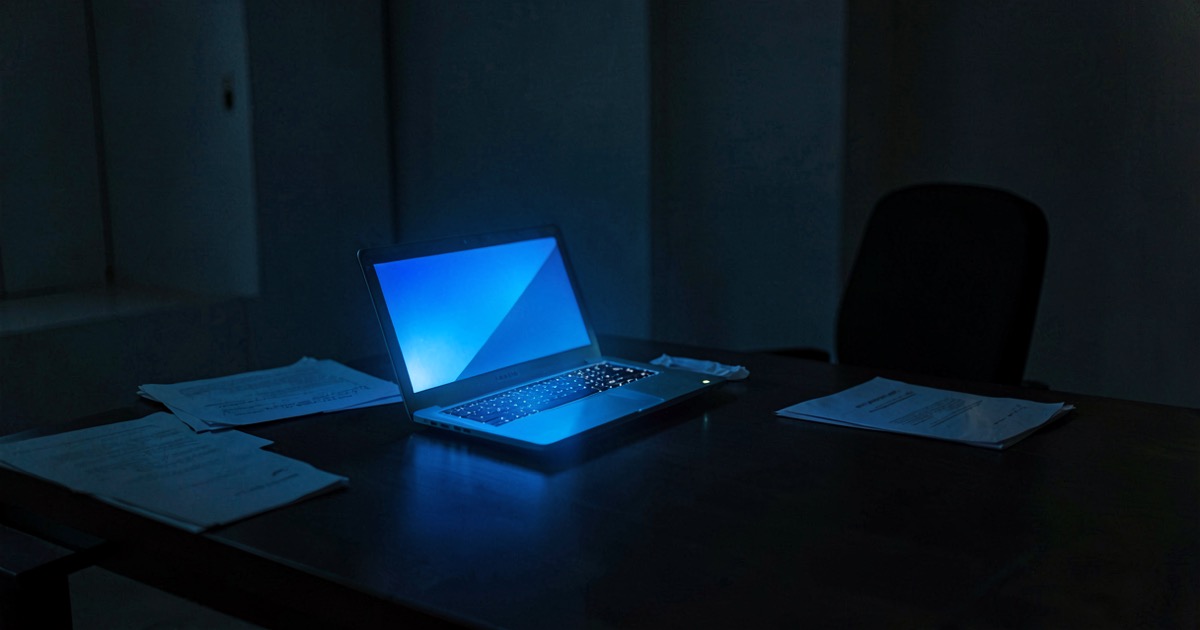 A solitary glowing laptop on a dark desk in an empty office, screen casting blue light across scattered papers