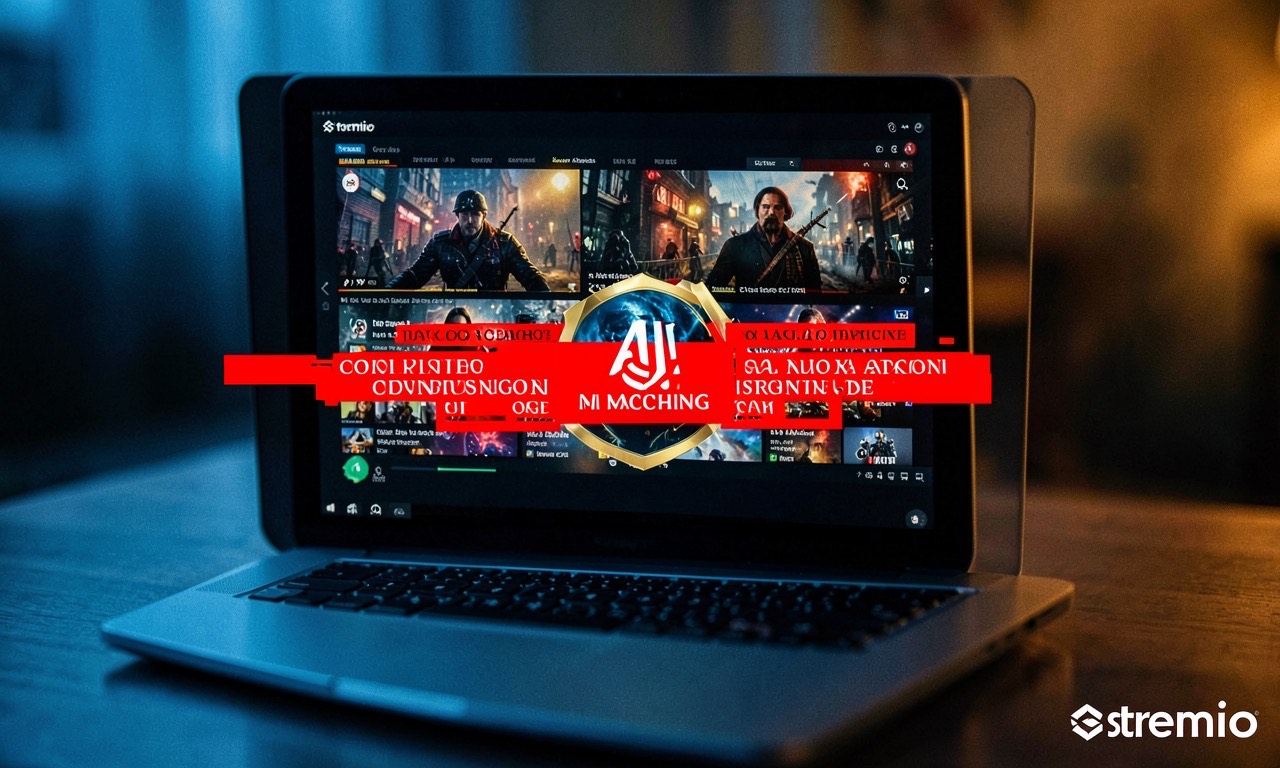 A streaming interface showing multiple server sources with AI matching, overlaid with copyright filter warnings, cinematic lighting
