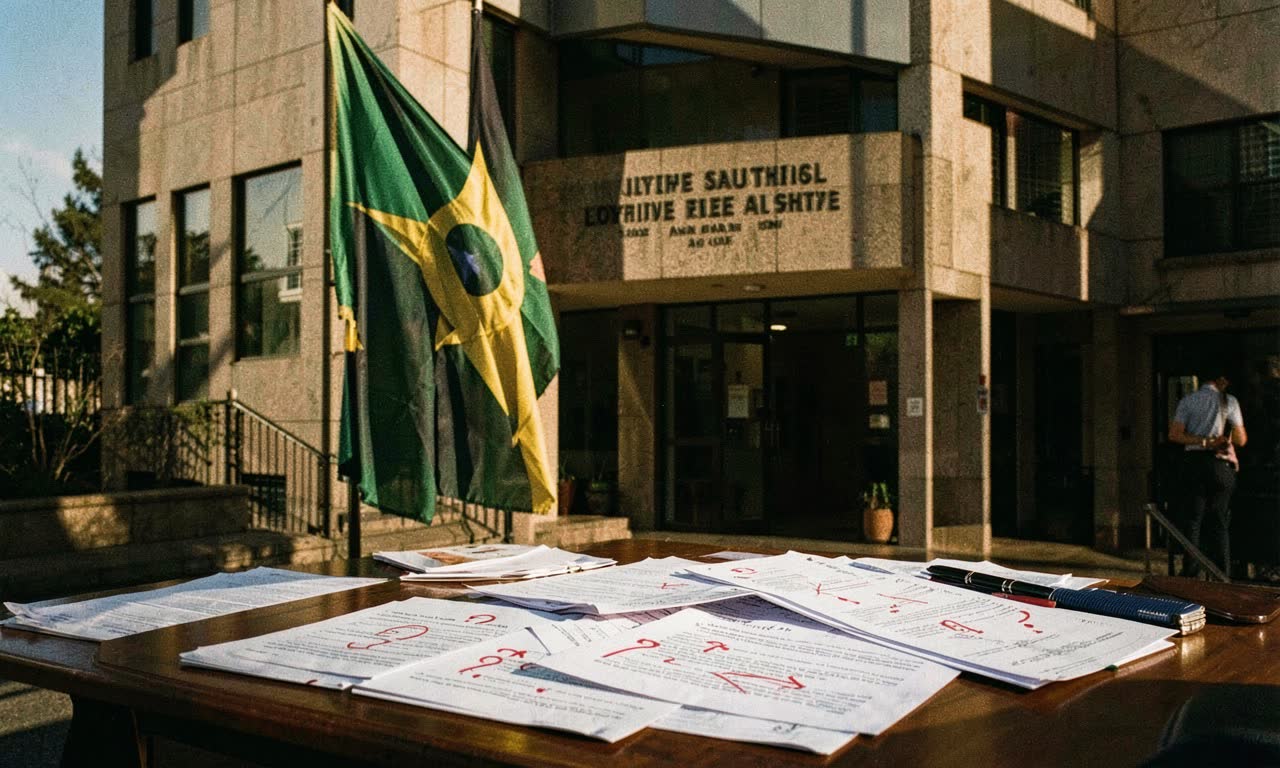 A government building with South African flag, official documents scattered on a desk, warm harsh lighting, photojournalistic