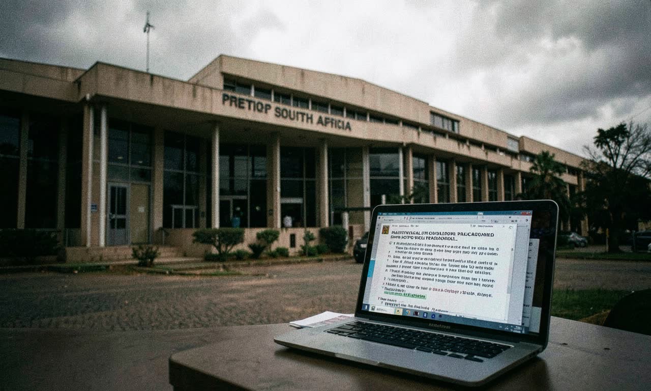 A government building in Pretoria with a laptop on a desk showing a document with fake citation warnings, overcast sky, photojournalistic style, muted colours