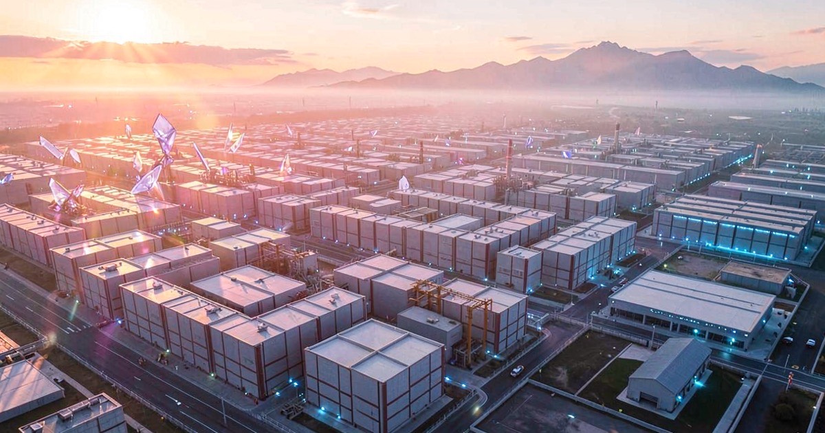 Abstract aerial composition of a vast semiconductor fabrication complex at dawn, geometric crystalline structures reflecting pink and gold sunrise light