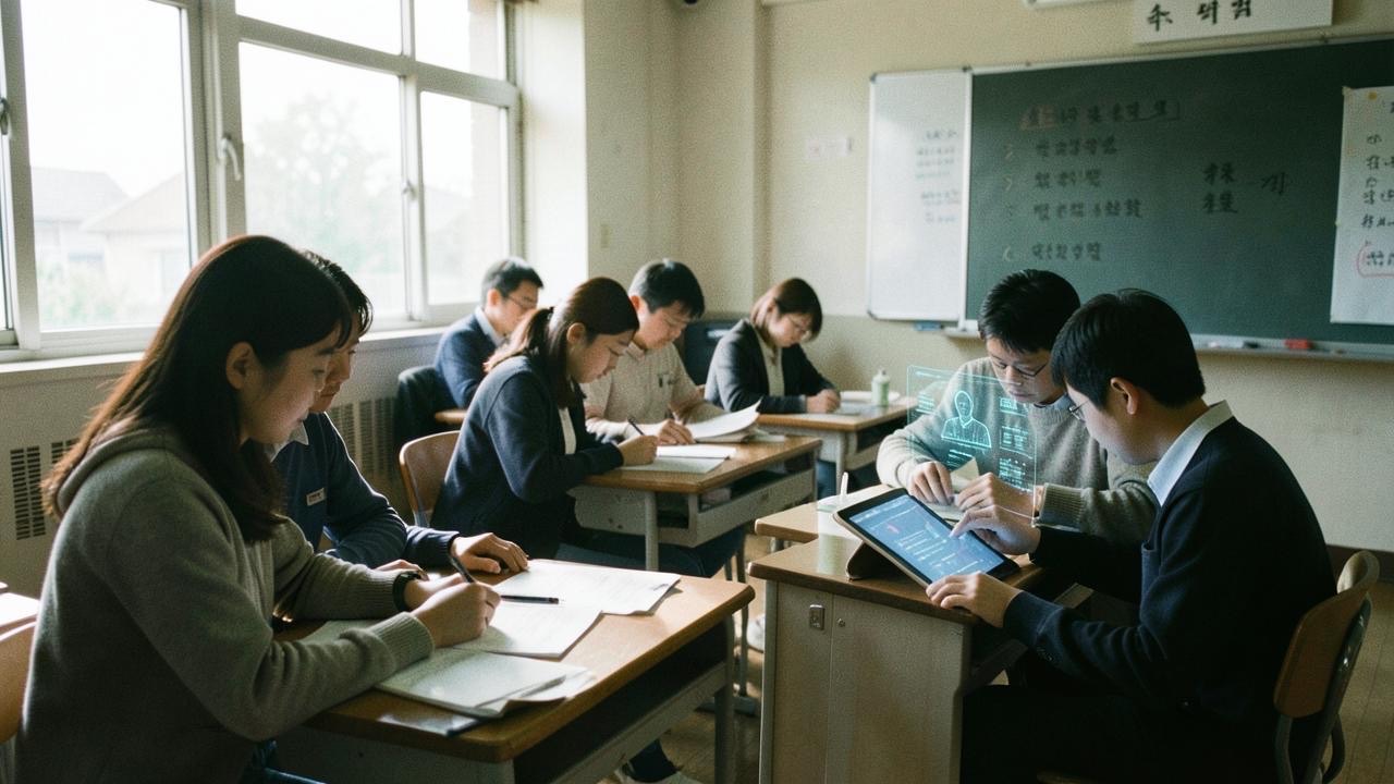 A South Korean classroom with students taking an exam, teacher reviewing papers, faint AI evaluation overlay on a tablet, documentary style