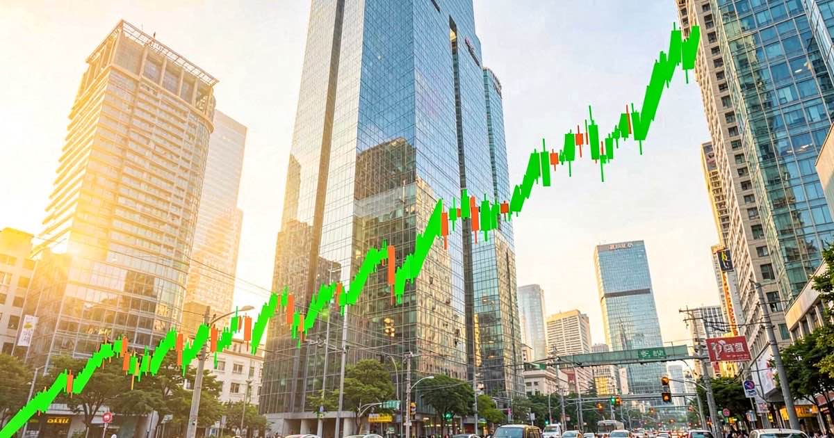 A vibrant stock market chart showing a dramatic upward surge in green, with South Korean chip company buildings visible in the background under bright sunlight.
