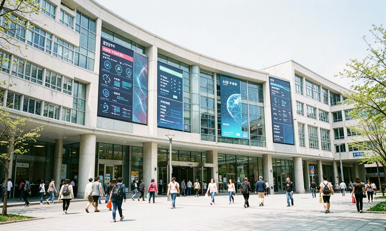 A modern university campus with digital screens displaying AI curriculum content, bright daylight, wide angle shot