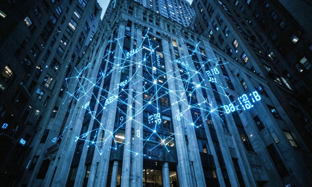 Wall Street stock exchange building with AI neural network overlay, neon lights and ticker symbols, dramatic overhead angle, photojournalistic style