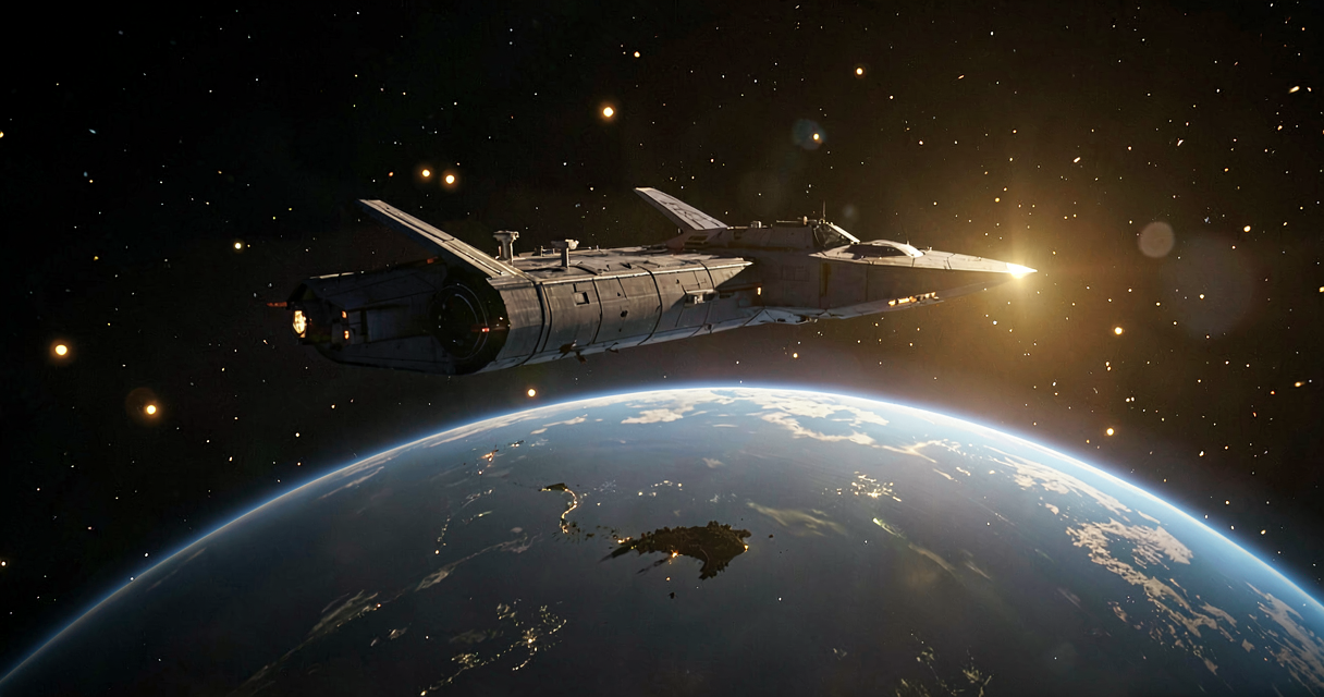 A spacecraft connecting to a glowing neural network lattice orbiting Earth, the planet's day/night terminator visible below with a small Pacific island chain silhouetted in the dark
