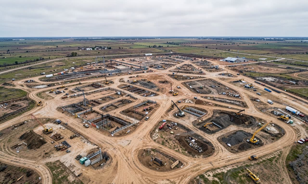 Aerial view of a massive construction site in rural Texas with excavation and earthmoving equipment, sprawling industrial landscape under overcast sky, documentary architectural photography style
