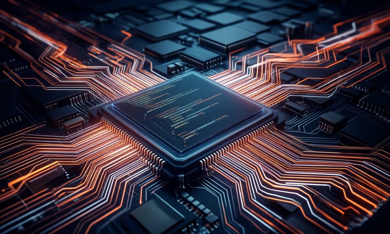 Abstract visualization of glowing orange and white data streams flowing through dark circuitry, representing a neural network processing code, no text