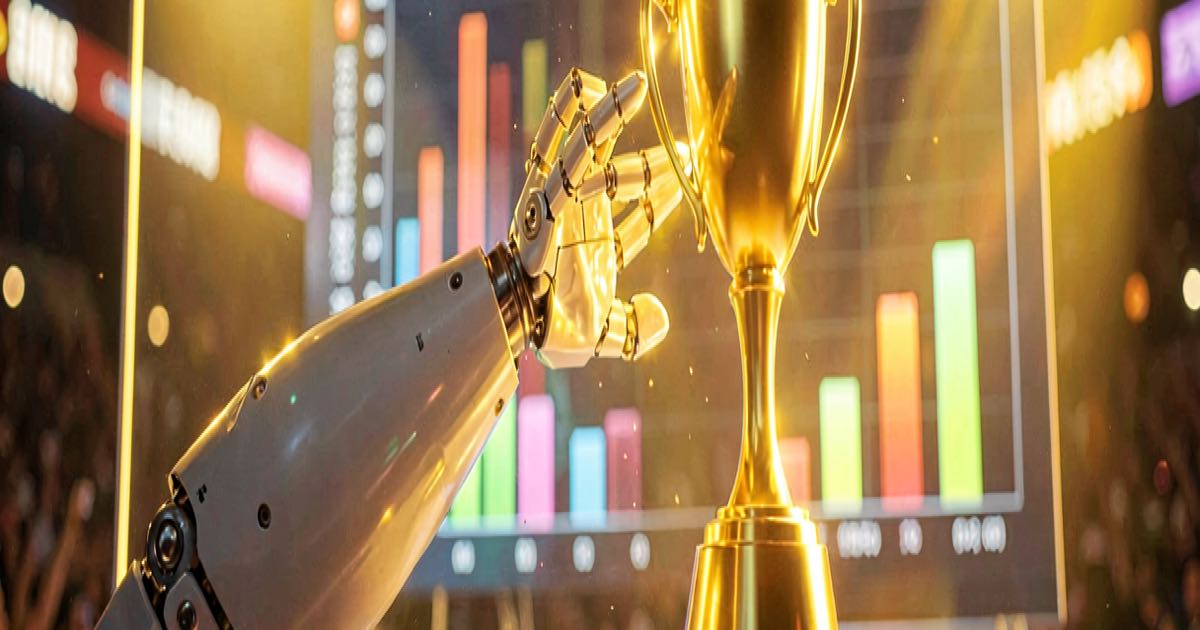 A robotic hand reaching toward a digital leaderboard podium, abstract competitive arena composition with warm lighting