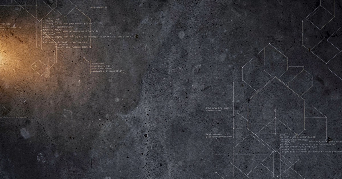 Abstract composition of dark concrete with translucent geometric shapes and warm amber light, suggesting software engineering structure