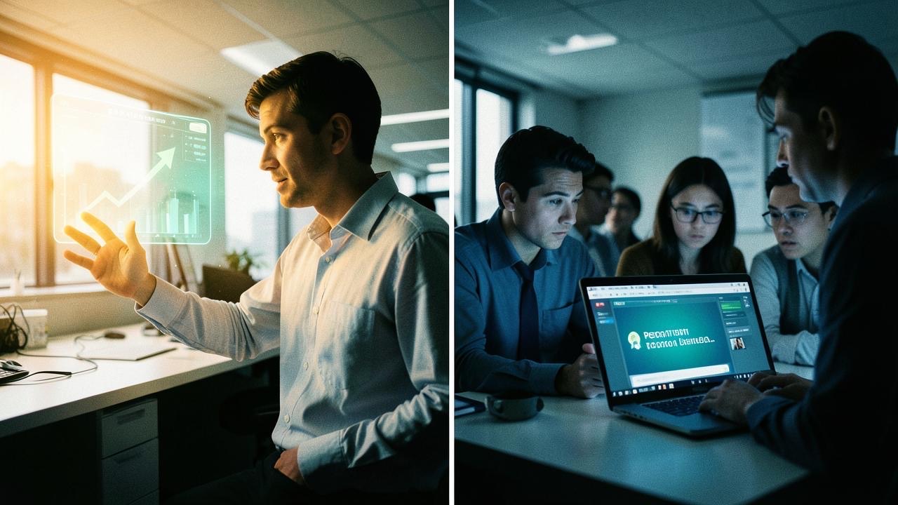 Split scene showing confident AI researcher and worried office workers, illustrating the perception gap between experts and the public