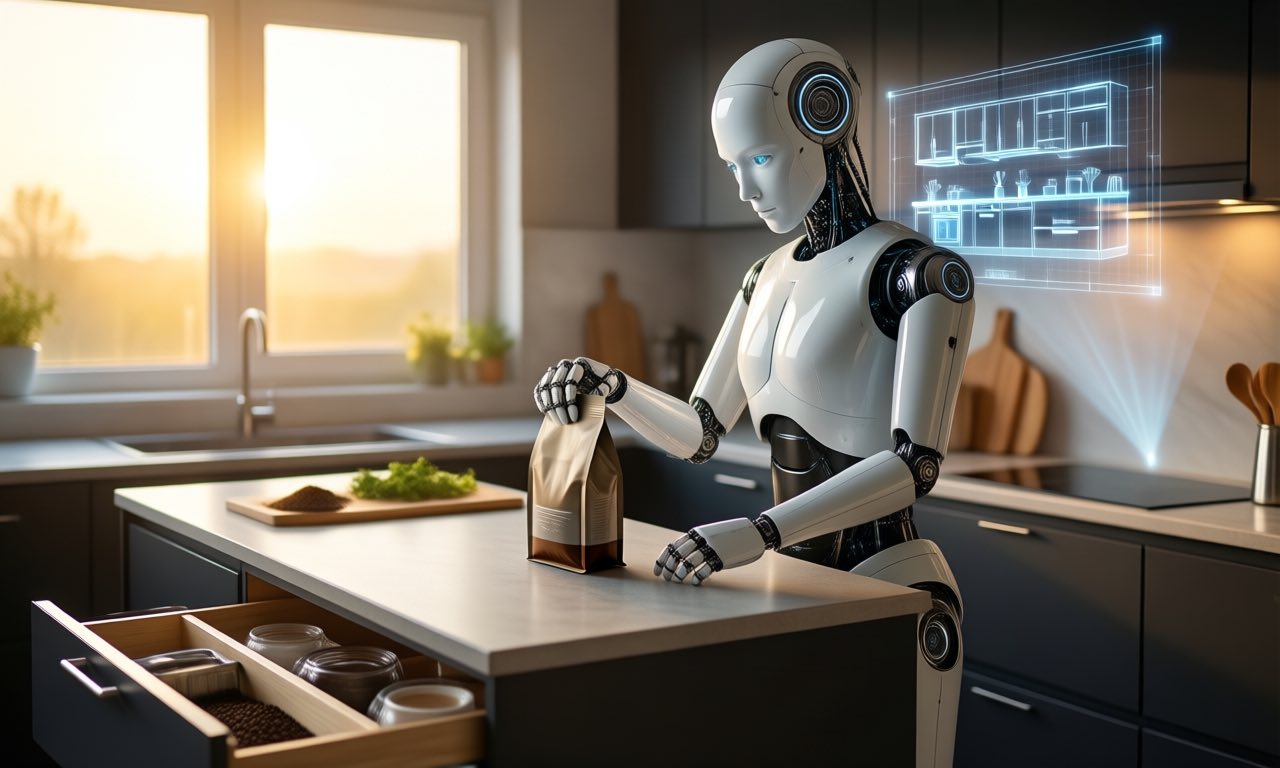 A white humanoid robot standing at a modern kitchen island in morning light, one hand placing a coffee bag down, with a faint holographic blueprint of the kitchen floating beside its head