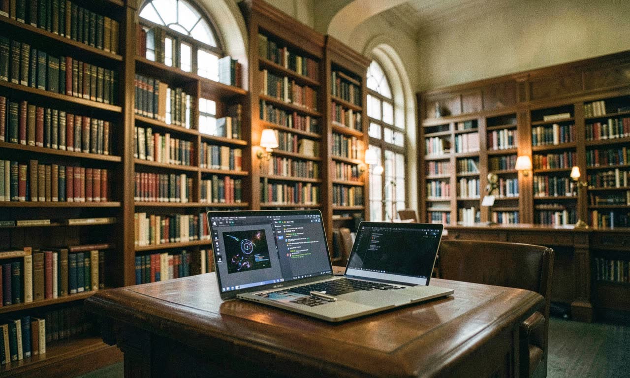 A university law library with stacks of books and a laptop displaying an AI chat interface, warm afternoon light, documentary photography