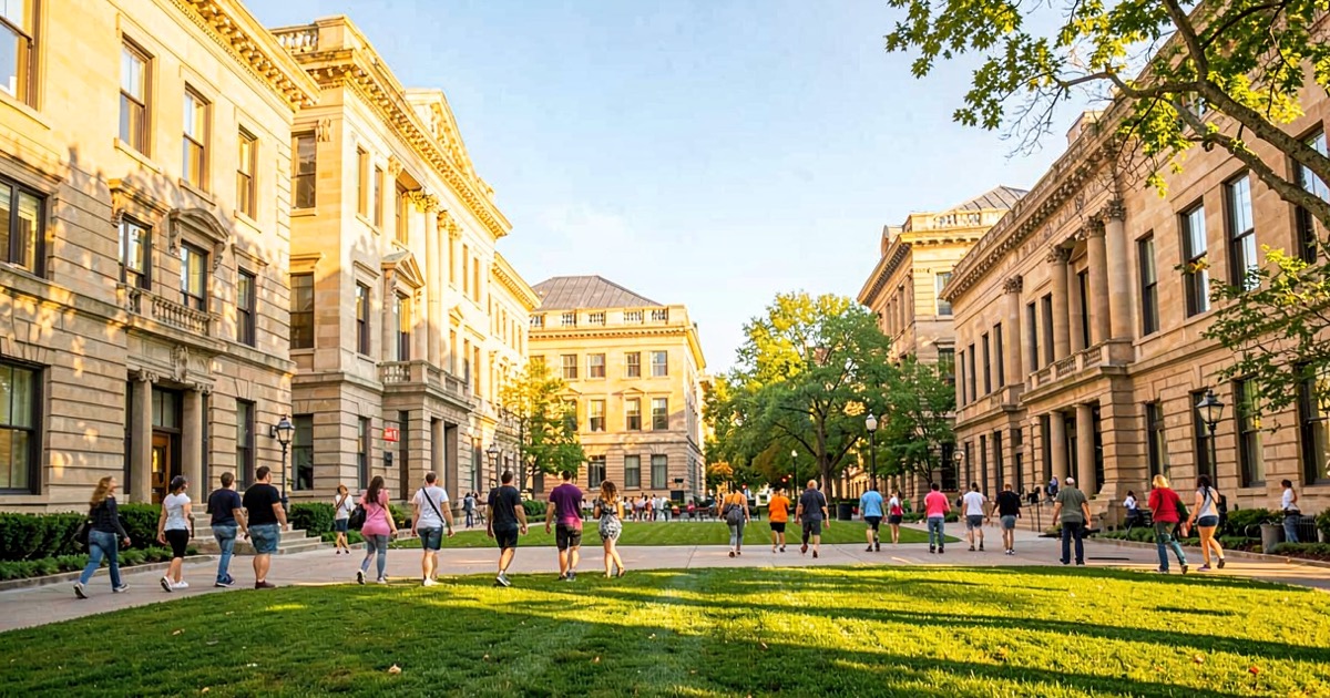 A bright modern university campus quad with students walking, sunlit sandstone buildings, green lawns, no text no logos no letters no signs
