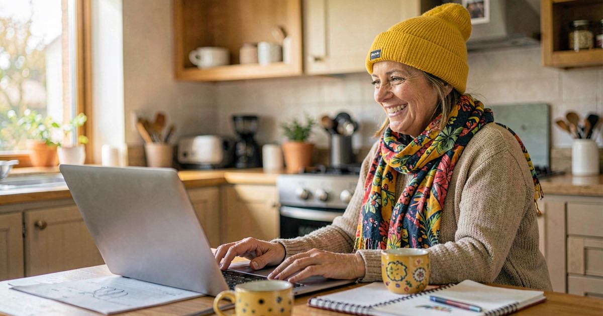 A woman with a yellow beanie working at a kitchen-table home office on a laptop during a video call, warm documentary style