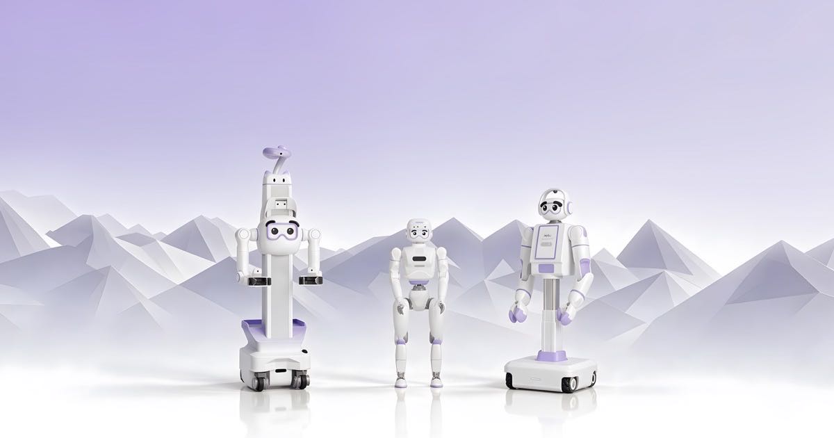Three Striding AI robots from the company's product imagery: a wheeled arm robot, a small bipedal humanoid, and a wheeled humanoid model