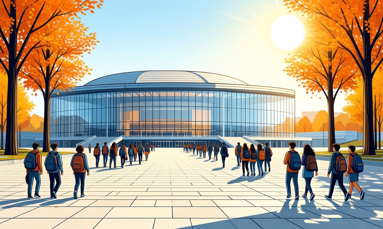 Minimalist editorial illustration of students with backpacks marching across a stone plaza toward a glass concert hall under bright autumn sunlight