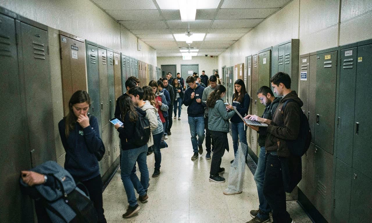 A high school hallway with students walking past, some glued to screens, others looking weary, documentary style photography