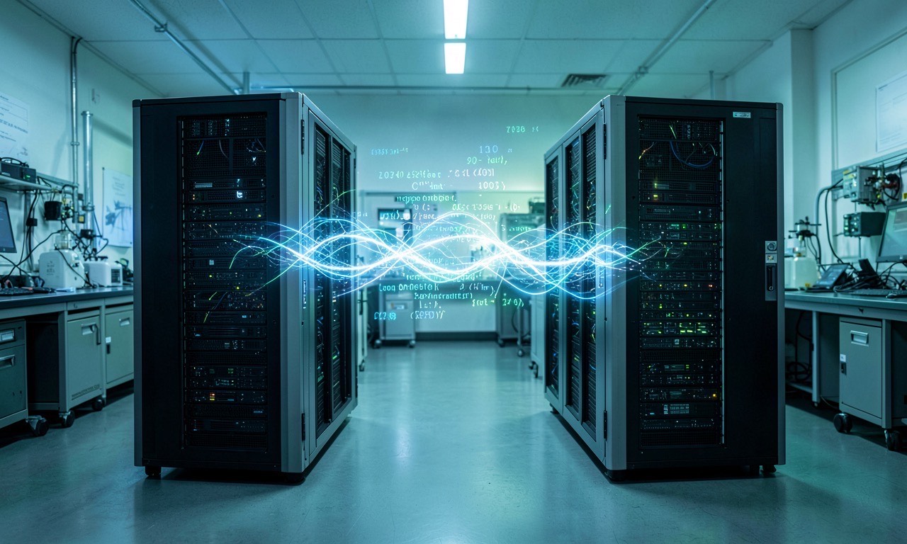 Two AI server racks with invisible energy flowing between them in a research lab