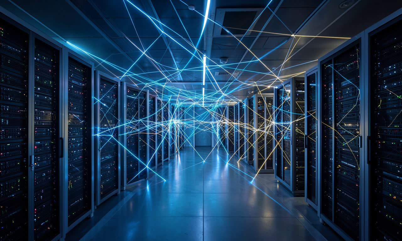 Data center with sparse blue and gold light connections between server racks, geometric linear patterns, overhead architectural shot, cinematic lighting