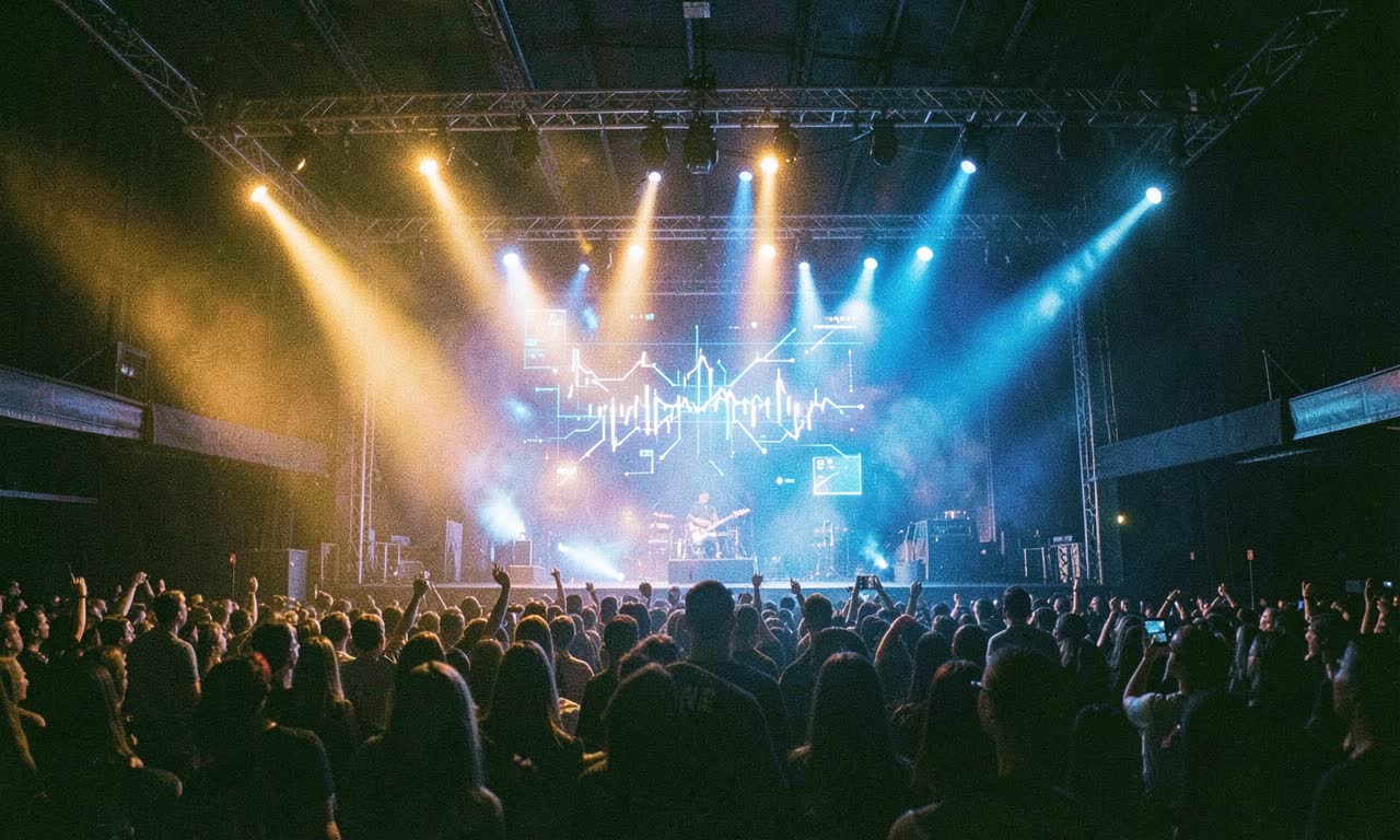 Concert venue stage lights with AI digital overlay, warm and cold lighting contrast, photojournalistic style