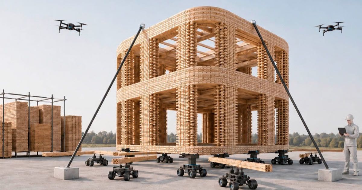 Render of the SWIFT-Build concept showing robotic assemblers and drones constructing a modular timber building, by Foster + Partners