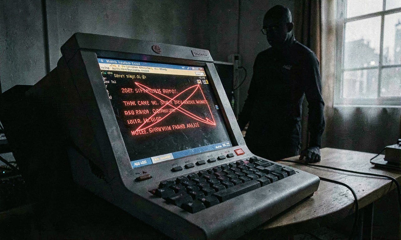 A terminal screen showing a file copy approval prompt with a symlink arrow pointing elsewhere, dramatic red lighting, cybersecurity documentary style