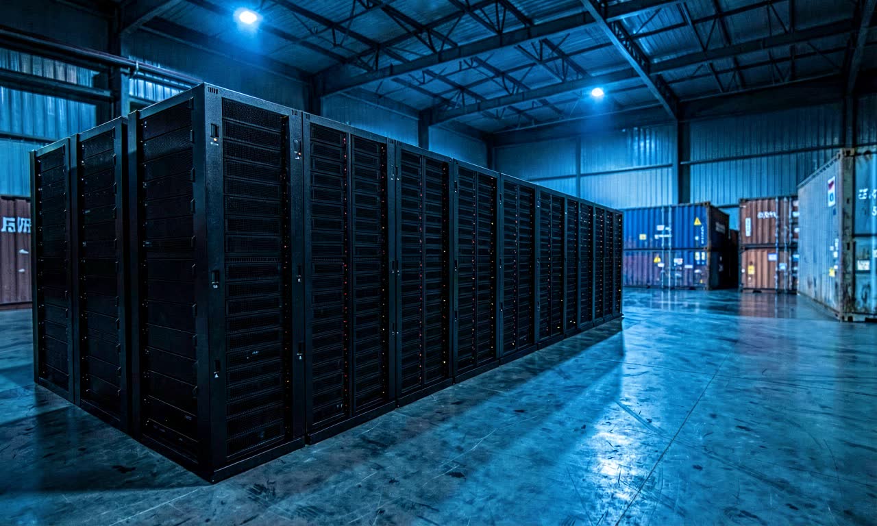 Stacks of black server racks in a dimly lit warehouse with cargo containers in the background, cool blue industrial lighting, documentary style
