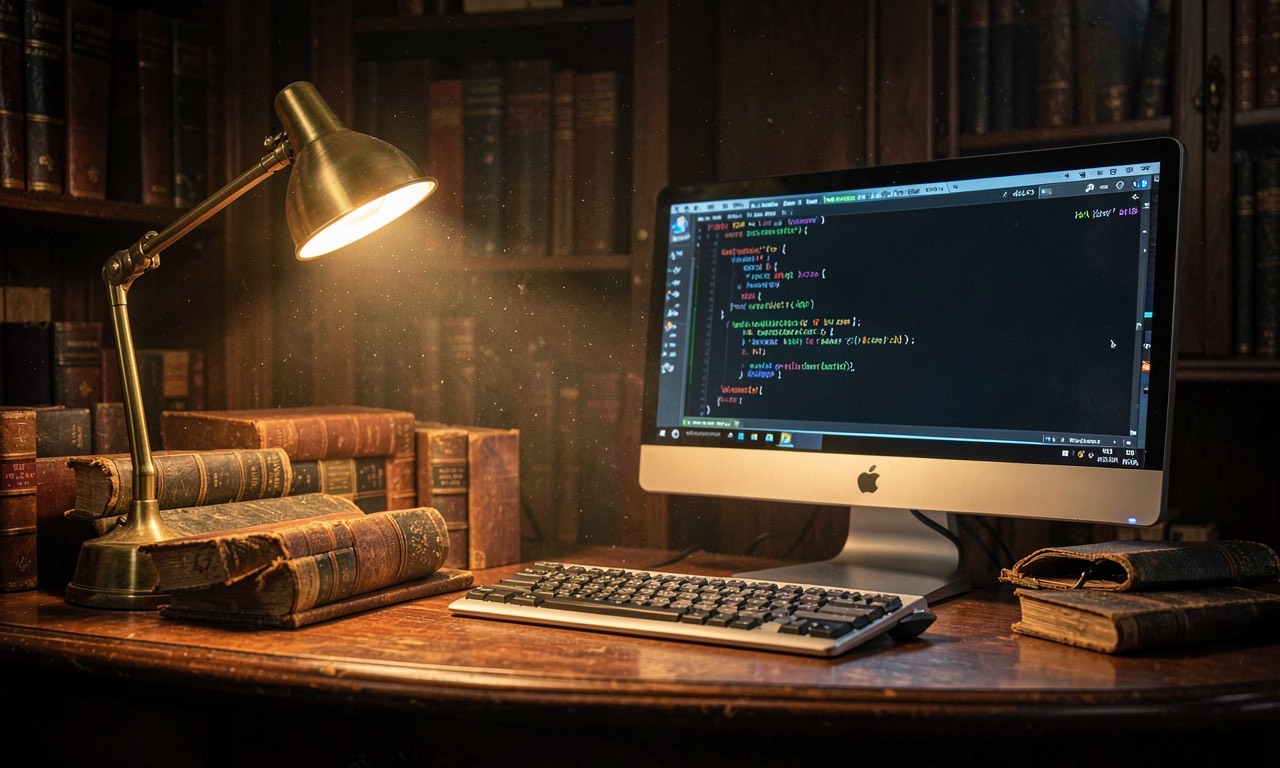 A Victorian study with antique books, brass lamp, and a glowing computer monitor displaying Python code — the past and present colliding