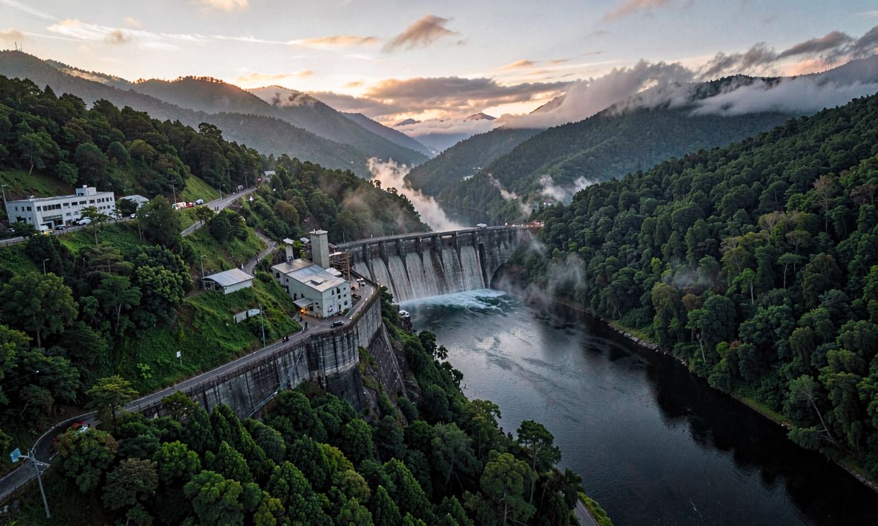 Aerial view of a hydroelectric dam in a lush green Tasmanian valley at dawn with mist rising from the water