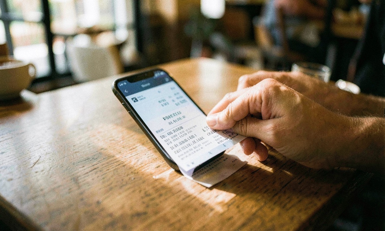 Smartphone scanning a paper receipt on a cafe table with warm natural lighting
