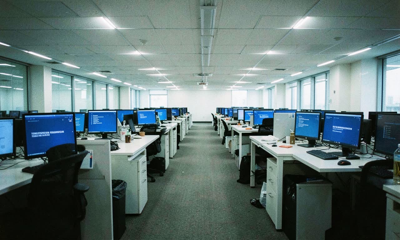Empty corporate office with monitors showing termination screens, cold fluorescent lighting, documentary style