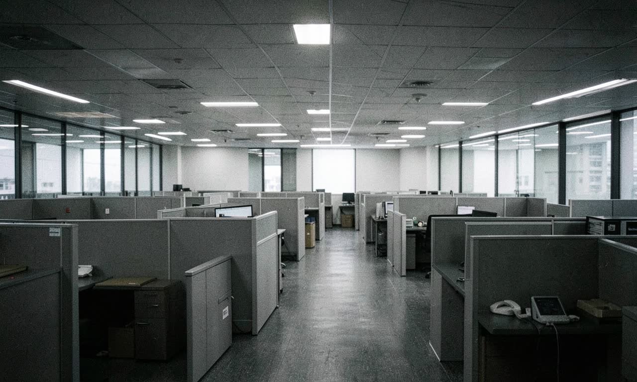 Corporate office building with empty desks and boxes, symbolizing tech layoffs
