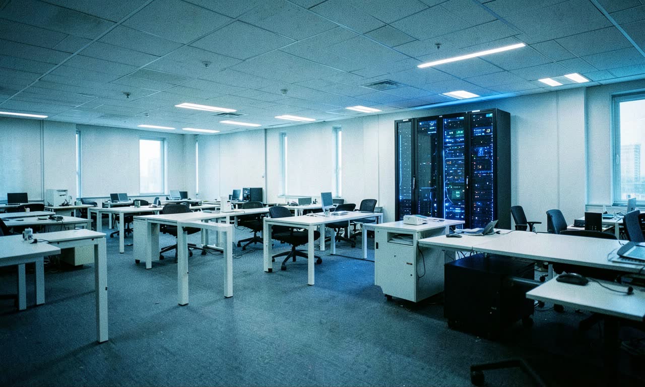 An empty office floor with rows of vacant desks and a single glowing AI server rack, cold blue lighting, documentary style