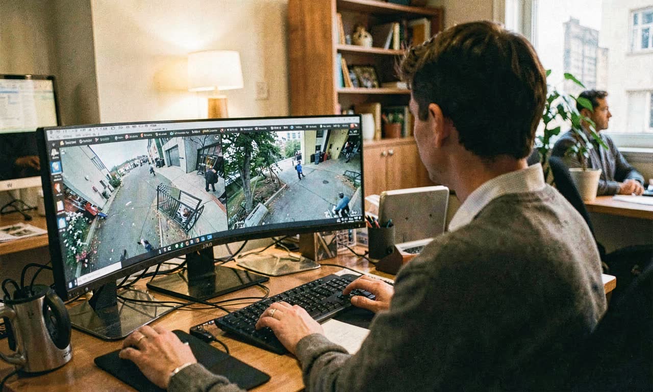 A person working at a desk with multiple monitors, one showing a camera feed, warm ambient lighting